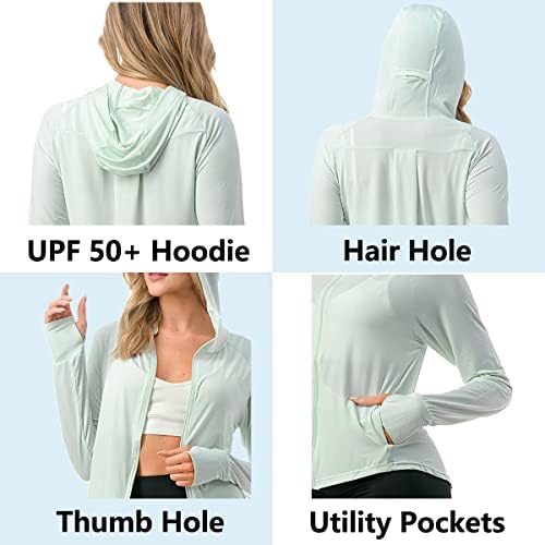 PetaLroz Women's upf 50+ Sun Заштита на дуксе јакна Комплетна патент со долга ракав УВ кошула со дупки со палецот, пешачење