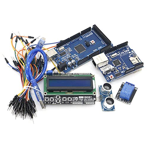 Mega 2560 R3 за комплет Arduino + HC-SR04 + Кабел за леб + реле модул + W5100 UNO SHIELD + LCD 1602 COYPAD SHIELD