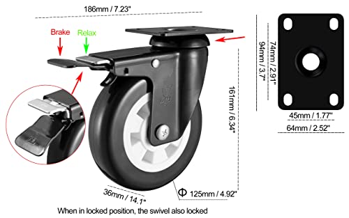 Тркала за ритање на тешка плоча 4 Пу без бучава, премиум полиуретан челици со двојна топка, лесно заклучувајте или отклучете -330 фунти по