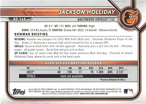 2022 Bowman Draft Baseball BD-168 Jackson Holliday Pre-Rookie Card-1-та картичка на Bowman