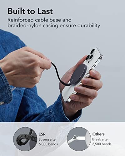 ESR Hallock Mini Wireless Charger, Magsafe-компатибилен ChargereInforced Prieted Nylon Cable, Black + ESR Hallock Kickstand Magsafe Battery со