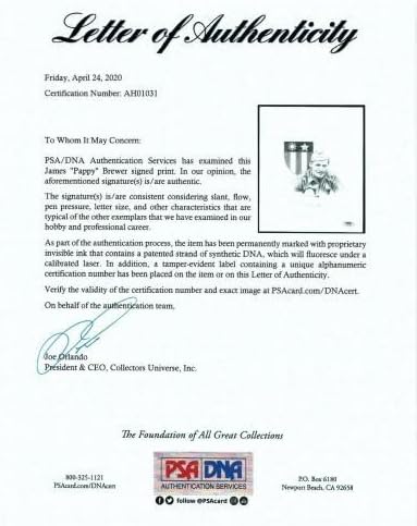 James Pappy Brewer потпиша печатење PSA DNA AH01031 - Автограмирана MLB Art