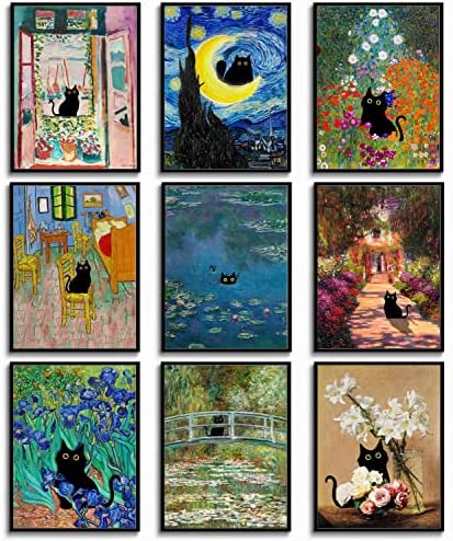 9 парчиња интересни постери за црни мачки на Матис wallидни уметности печати моне еклектична естетика ретро wallидна декорација мачка lубител на платно цвеќе печатење