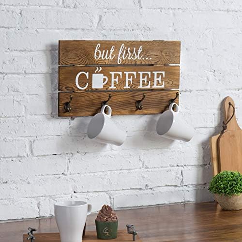 Mygift Wallид монтиран цврсто изгорено дрво за кафе, држач за кафе, декоративно знак за кафе со „но прво кафе“ и 8 двојни куки