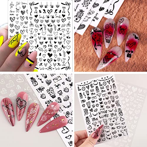 8 листови 3Д срцеви за нокти налепници на црно бело срце нокти декорации самолепливи апстрактни срцеви налепници за нокти за акрилни нокти