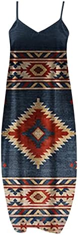 Летни макси фустани за жени Западен Ацтек Етнички геометриски печати фустан без ракави V вратот Трендовски обичен долг долг фустан