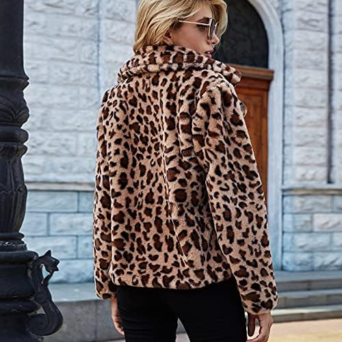 Женски зимски леопард печатено палто плус големина поделена задебела руно лап -палто мода топла долга ракава кратка надворешна облека