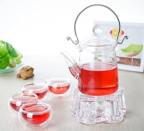 ПРИМЕНА РАБОТНА РАБОТА стаклена цветна чајник w/ 4 симпатични чаши со двојни wallидови + потопло