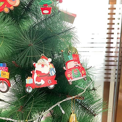 Дрвени Божиќни украси Поставете 12 парчиња црвен Божиќен камион Дрвени висечки украси Снежен човек и Дедо Мраз украси декори за