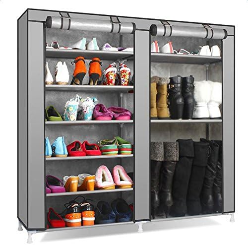 LC & RC Двојни редови 9 решетки за комбинација во стилот на чевли за чевли Организатор на сиви чевли Цврсто полица за складирање за спална соба,