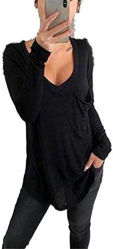 Angенскивел женски долг ракав v врат Туника врвови лабави лесни кошули маици маици со џебни блузи врвни врвни