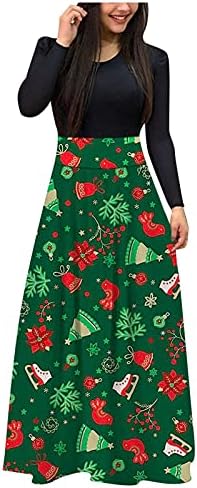 Женски фустани случајни, есенски долг ракав Божиќна крпеница во боја на бојата макси фустан Империја половината за свадба гостин фустан