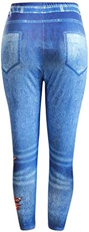 Меки тексас печатени џегингс за жени со високи половини лажни фармерки со џебови, високи половини јога панталони