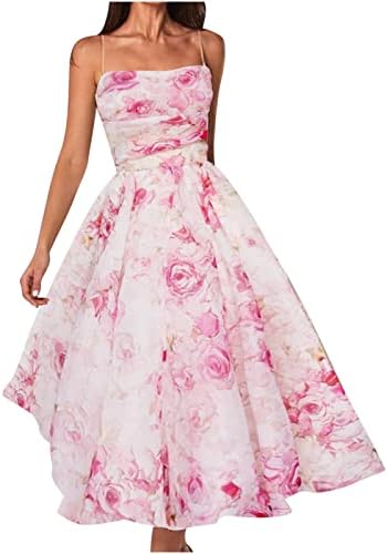 Fehlegd жени летни текови фустани Спагети каиш без ракави со цвеќиња за цвеќиња, замав долг фустан елегантен тенок вечерен фустан