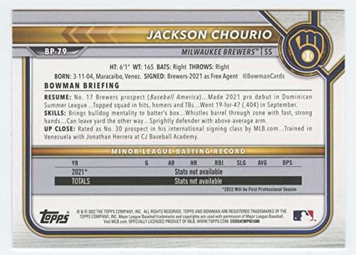 2022 Проспекти на Bowman BP-79 Jackson Chourio 1-ви Bowman Milwaukee Brewers MLB Baseball Trading Card