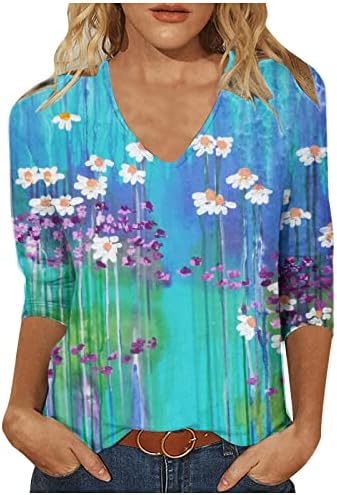 3/4 ракави летни врвови против двојни кошули со должина на вратот, боемски пролетен врв и блуза фустани обични цветни цветни туники