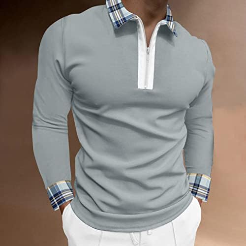 Zddo Zipper Polo кошули за мажи со долг ракав, обичен тенок тенок фиб, карид шарен тренинг спорт, спортски голф лапел, врвови