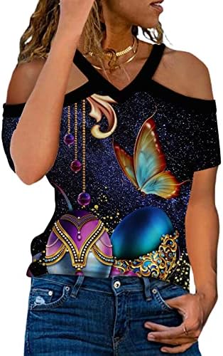 Тинејџерски девојки лето есен блуза краток ракав против вратот памучен графички халтер необичен блуза кошула за жени 1м