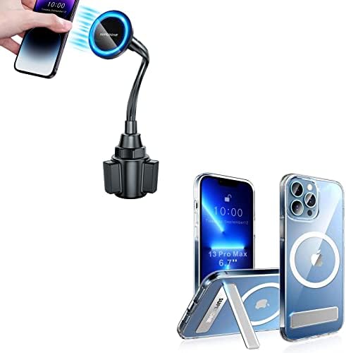 Superoone пакет кристално чист маг безбеден случај за iPhone 13 Pro Max со Stand & Magsafe Coar Cup Holder Mount Mount