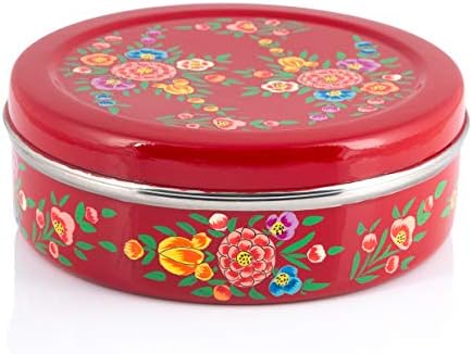 Индиски -Тифин рачно обоен црвен цвет Масала Даба - Херметички контејнер за зачини - 7 садови