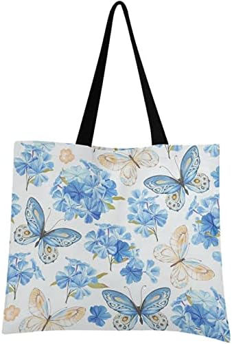 VisesUnny Women Extrage Голема торба со голема торба со сина пеперутка цветна печатена торба за рамо дами плажа патување еднократно
