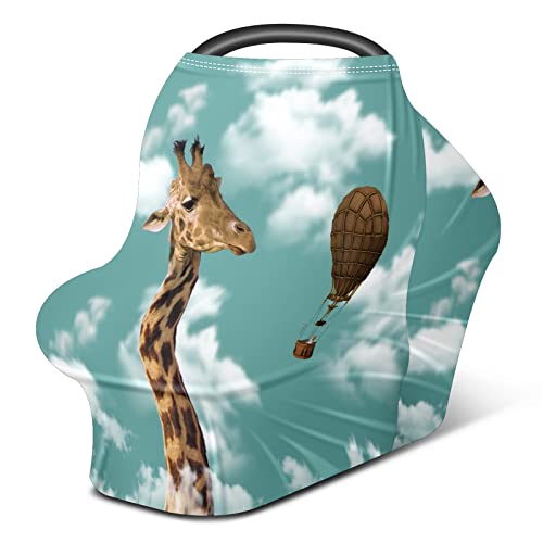 Бебе автомобилско седиште ги опфаќа жирафата балон со топол воздух уметност сино небо медицинска сестра капакот на шамија за доење