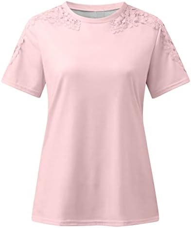 Врвна маица за девојки лето есен 2023 година со чипка со кратки ракави чипка памучна екипаж вратот на вратот на вратот на вратот