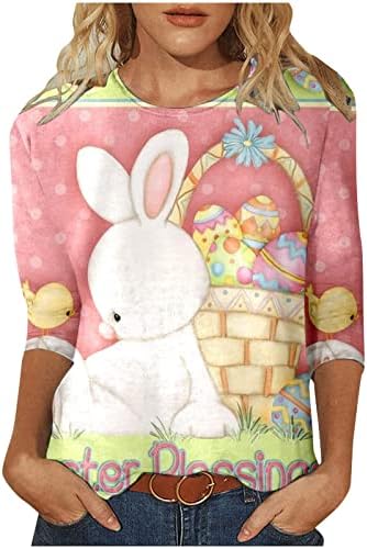 Женска обична маичка кошула Велигденски дневен врат на вратот Симпатична зајак печатен 3/4 ракав маица Топ Велигденски маички