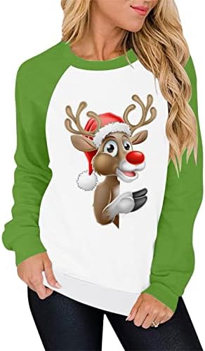 Божиќни кошули за жени, женски топол елени печати долги ракави на екипажот на вратот на вратот паѓаат кошули Обични Божиќни џемпери
