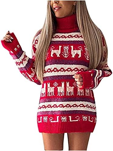 Ruziyoog Women Women Turtleneck Долг ракав џемпер фустан Божиќ грда ирваси печатена тунична фустан плетена тенок фит фустан од каросерија