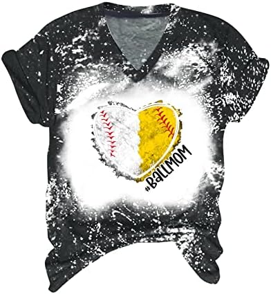 Бејзбол срцеви кошули за жени обични v-вратот краток ракав лабава маица блуза за блуза за мама