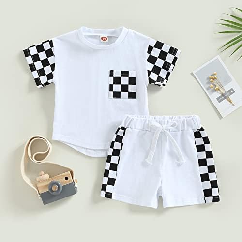 Детето бебе момче лето облека за летни облеки карирана маица со кратки ракави еластични шорцеви за половината постави карирана облека