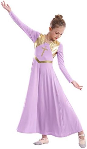 Детски девојки металик крст пофалби танцувачки фустан литургиски лирски танцувачки бои блок со долг ракав поклони танцувачки фустани