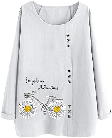 Кошули со постелнина латини, жени со долги ракави со долг ракав, цветни печати гроздобер блуза туничен пуловер, обични копчиња врвови