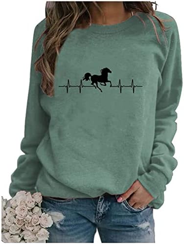 ЕКГ срцеви коњи за печатење на коњи за жени со екипаж со долги ракави кошули Туника за хеланки лабав моден пуловер