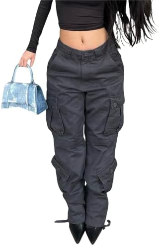 Омон женски панталони со ниски половини со ниски половини со повеќе џебови на дното на дното Y2K панталони