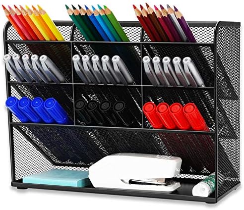 Организатор на молив со молив, моливче, држач за моливи, колекција на организатор на канцелариски десктоп - 9 оддели со решетка за складирање