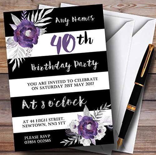 Црн Бел Сребрен Виолетов Цвет 40-Ти Персонализирани Покани За Роденденска Забава