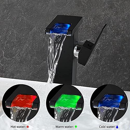 LUOPAN LED светлосна бања тапа садови мијалник водопад црна единечна рачка со една дупка за мијалник за бања за мијалник за миење садови