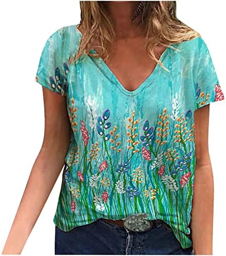 Womenените есен летен блуза краток ракав vneck графички случајна лабава лабава вклопена преголема опуштена вклопена врвна мета за девојчиња jm