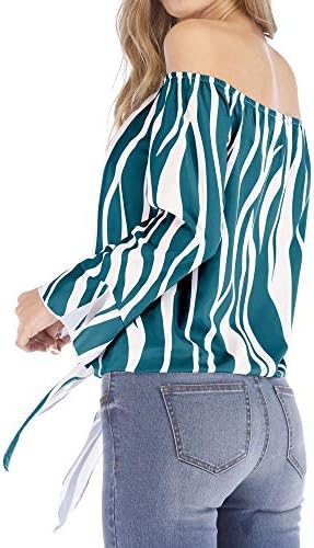Kulywon Women Women Women Lature Stripe Stripe Print Bandage Flare ракав на врвовите на блузата