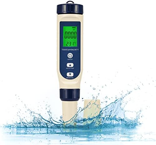 Тестер за квалитет на квалитет 5-во-1, pH/TDS/EC/Salinit/Температурен тестер за квалитет на водата, тестери за вода со задно светло | Висока точност 0.01 pH | Мини мерач на вода Кв