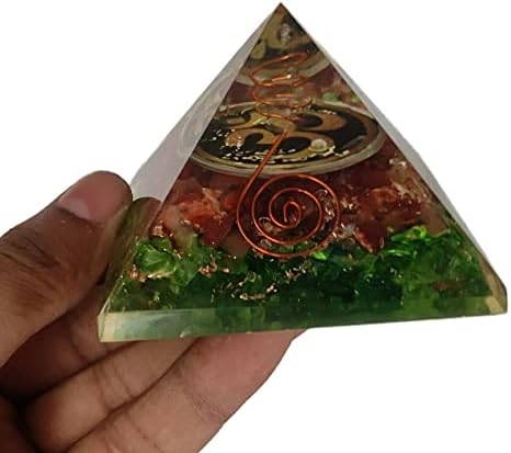 Sharvgun Orgonite Pyramid Carnelian & Peridot Gemstone Flower of Life Orgone Pyramid Негативна заштита на енергија 65-70 mm, Etra Great Pyramid со 4 кристали за заздравување, балансирање на чакра, подарок за Реики