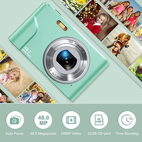 Дигитална камера Автоматска точка на фокус и фотоапарат за снимање, FHD 1080p 48MP Детска камера со 32 GB мемориска картичка, 16x