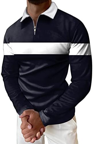 XXBR машки поло маици патент врат голф врвови со долг ракав блок крпеница мрежа тенок фит мускулен тренинг обична кошула