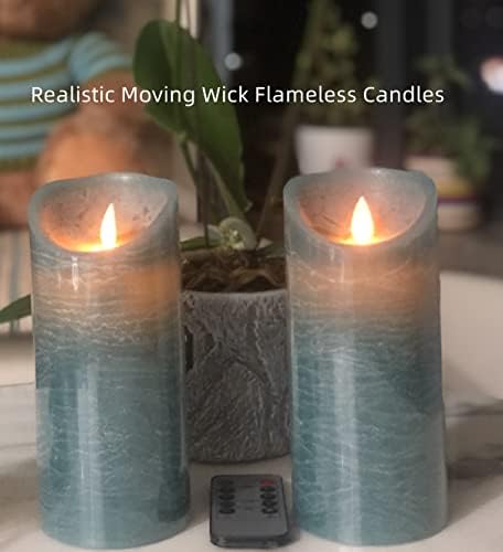 Litluna Големи темно зелени запалени свеќи сет од 2- реални восочни столбови со свеќи со подвижен пламен-шума миризлива диа 3,15x 7 инчи