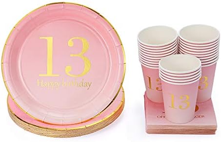 13 -ти роденденски украси за девојчиња за забава за забава, чаши, плочи, сламки - 24 комплети
