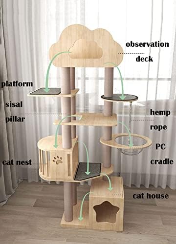 Мачка дрво за затворени мачки 55.1-71. 7 инчи бор табла кули мачки кондо со платформа мачка куќа и гребење на натписи за компјутер