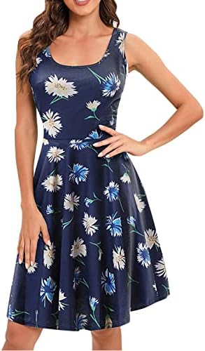Фрагрн фустан со краток ракав, женски летни модни обични растенија печати О-вратот за зашивање на ракави без ракави на плажа А-линија фустан