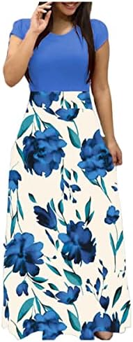 Blockенски кратки ракави во боја блок цветни печатени долги фустани Полка точка лента леопард туника со висока половината лабава фустан